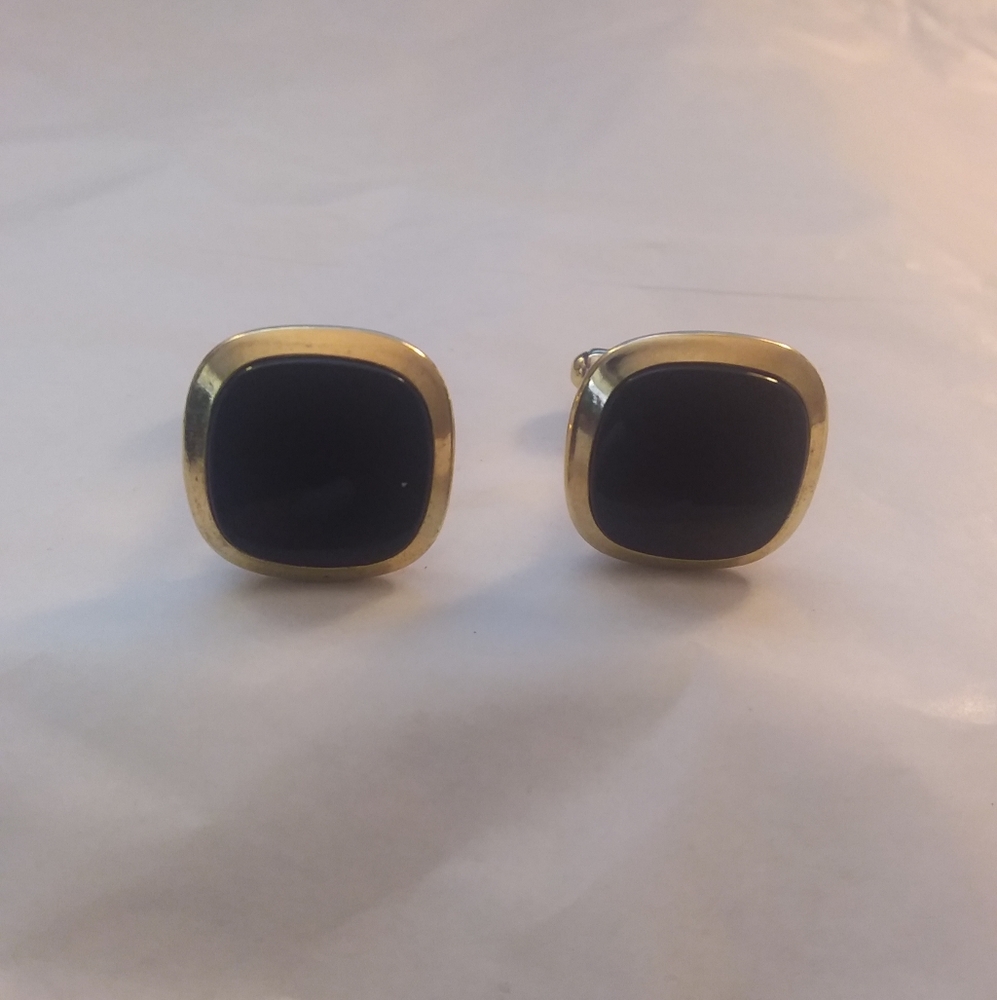 Pair of Black Onyx Inlay Cuff Links with Gold Border